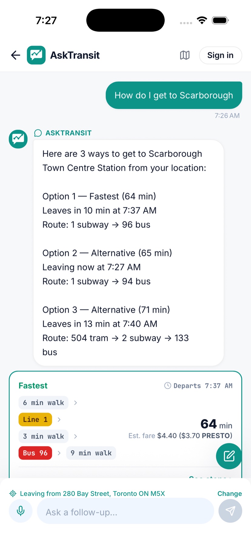 AskTransit chat screen: the question "How do I get to Scarborough Town Centre?" answered with three route options and a route card showing a 6-minute walk, Line 1 subway, and Bus 96, total 64 minutes with an estimated $4.40 fare.