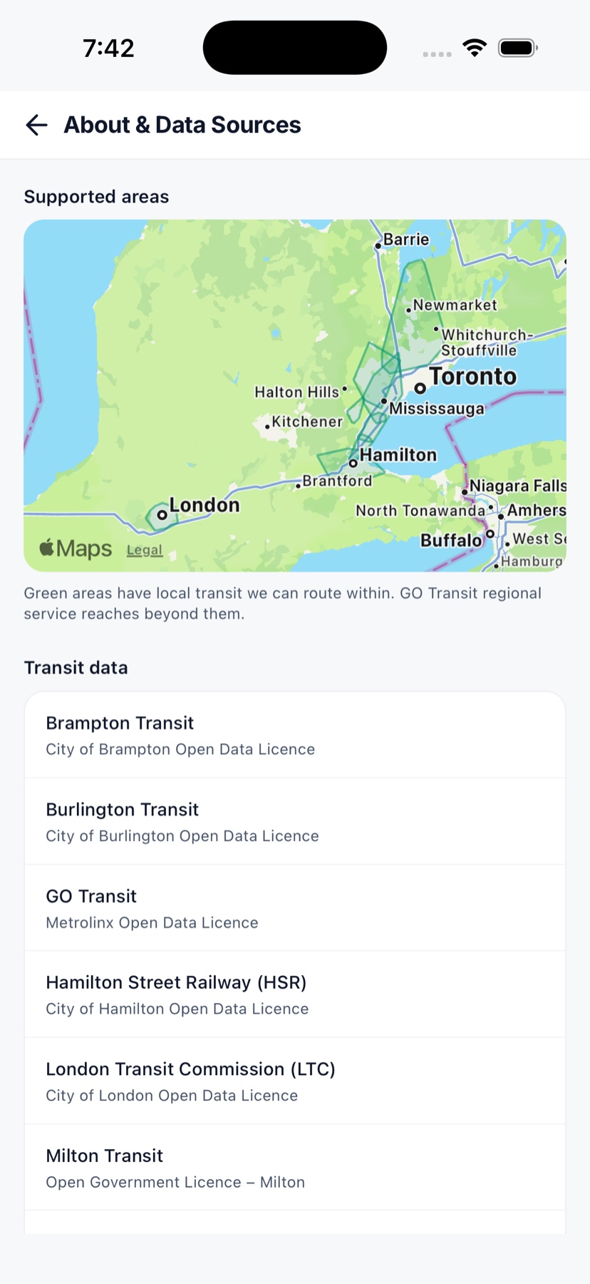 AskTransit coverage map of southern Ontario, with the Greater Toronto–Hamilton Area and London highlighted as areas with local transit routing.