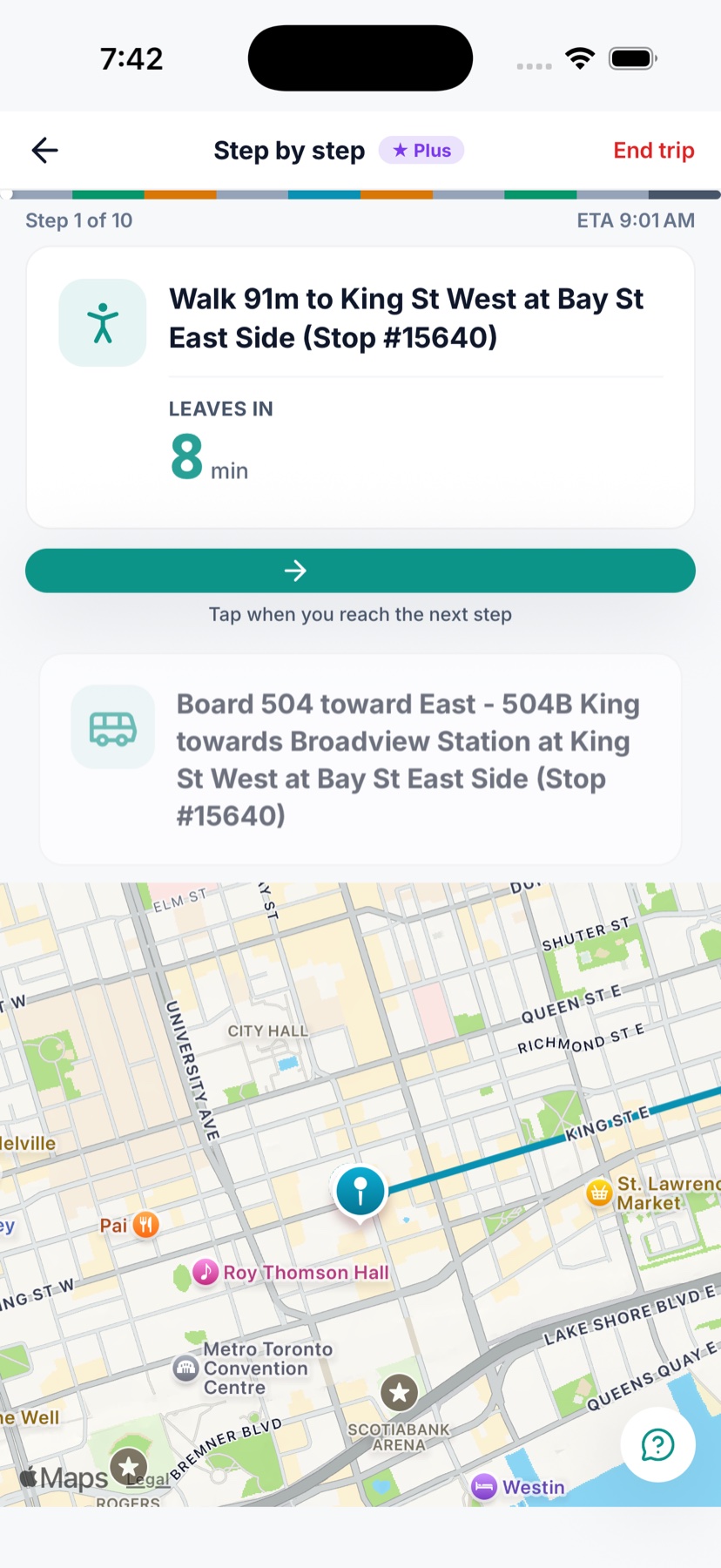 AskTransit step-by-step navigation: "Walk 91m to King St West", a Plus badge, a progress bar, the next step to board the 504 streetcar, and a live map of downtown Toronto.