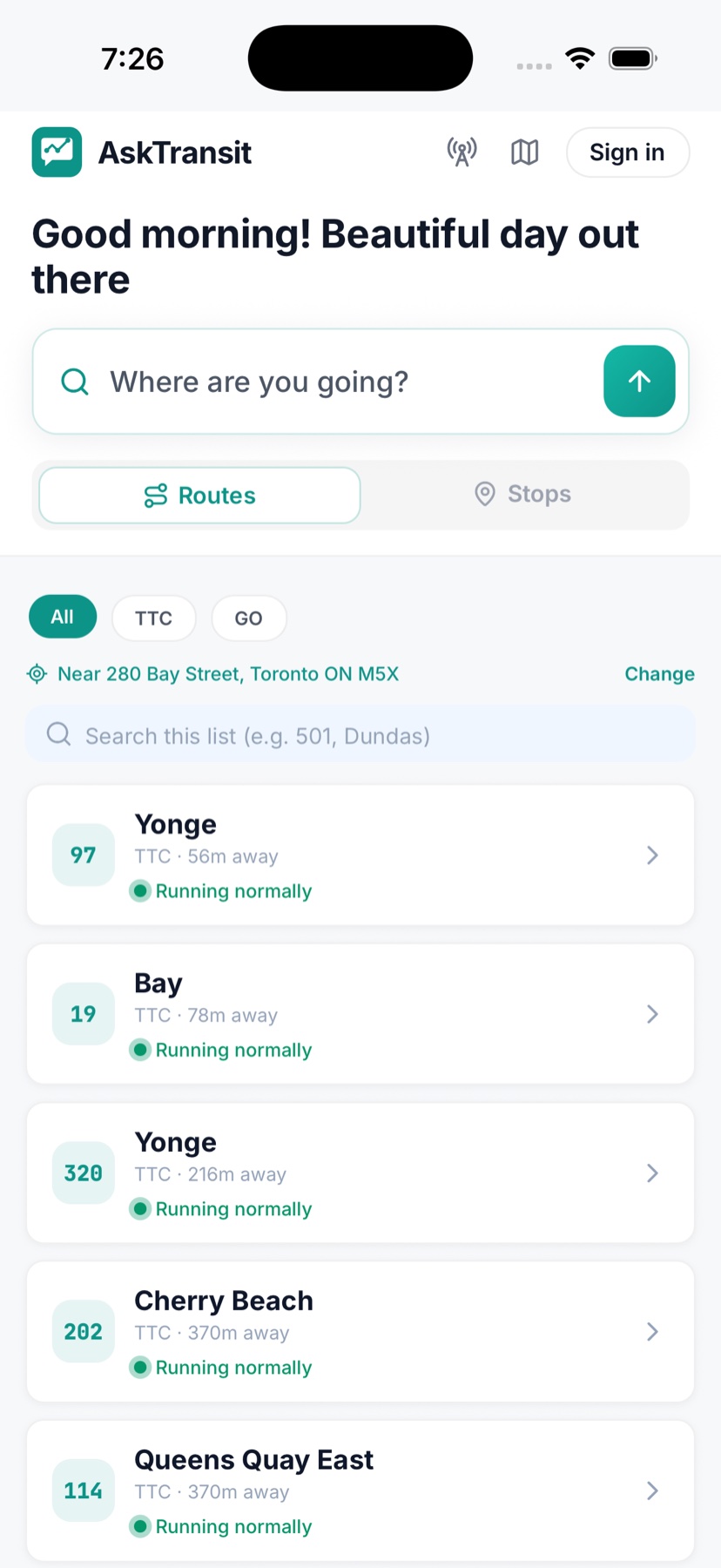 AskTransit Nearby board listing TTC routes near the rider — Yonge, Bay, Cherry Beach — each with distance and a green "Running normally" status.